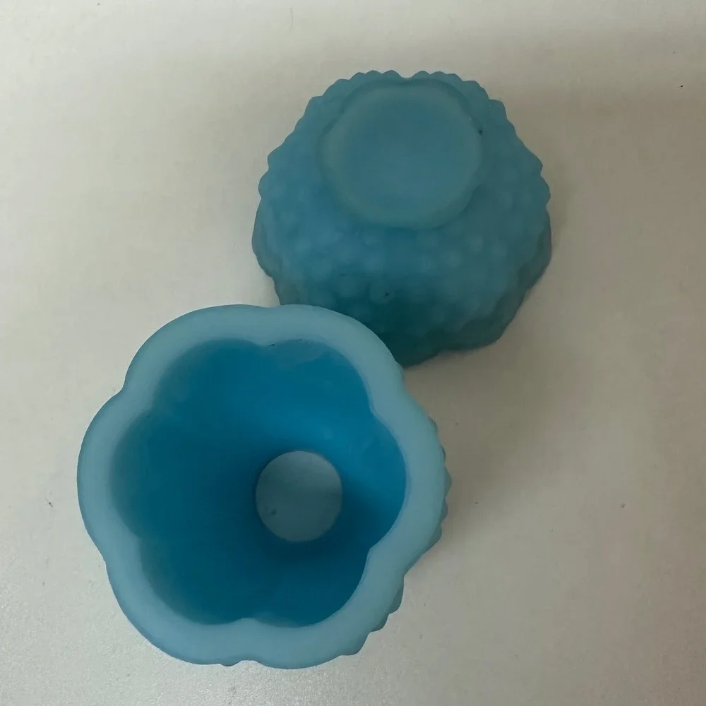 Fenton Blue Satin Glass Hobnail Fairy Lamp 2 Piece Votive Candle Holder 4.5